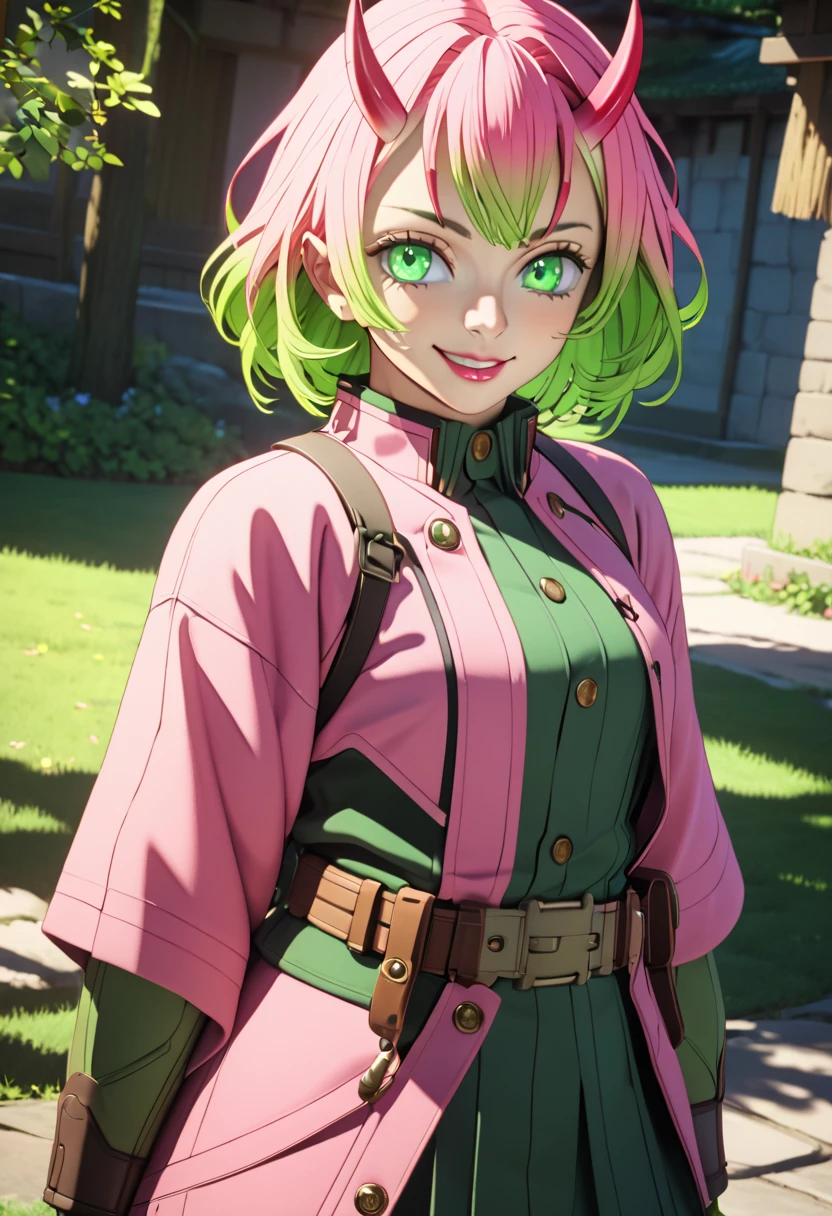 FIRST WORK, better lighting , best shade, 8k, HDR,  High resolution:  Mitsuri Kanroji, pink and green hair,  green eyes , simple smile,  detailed lips, oni hunter outfit.