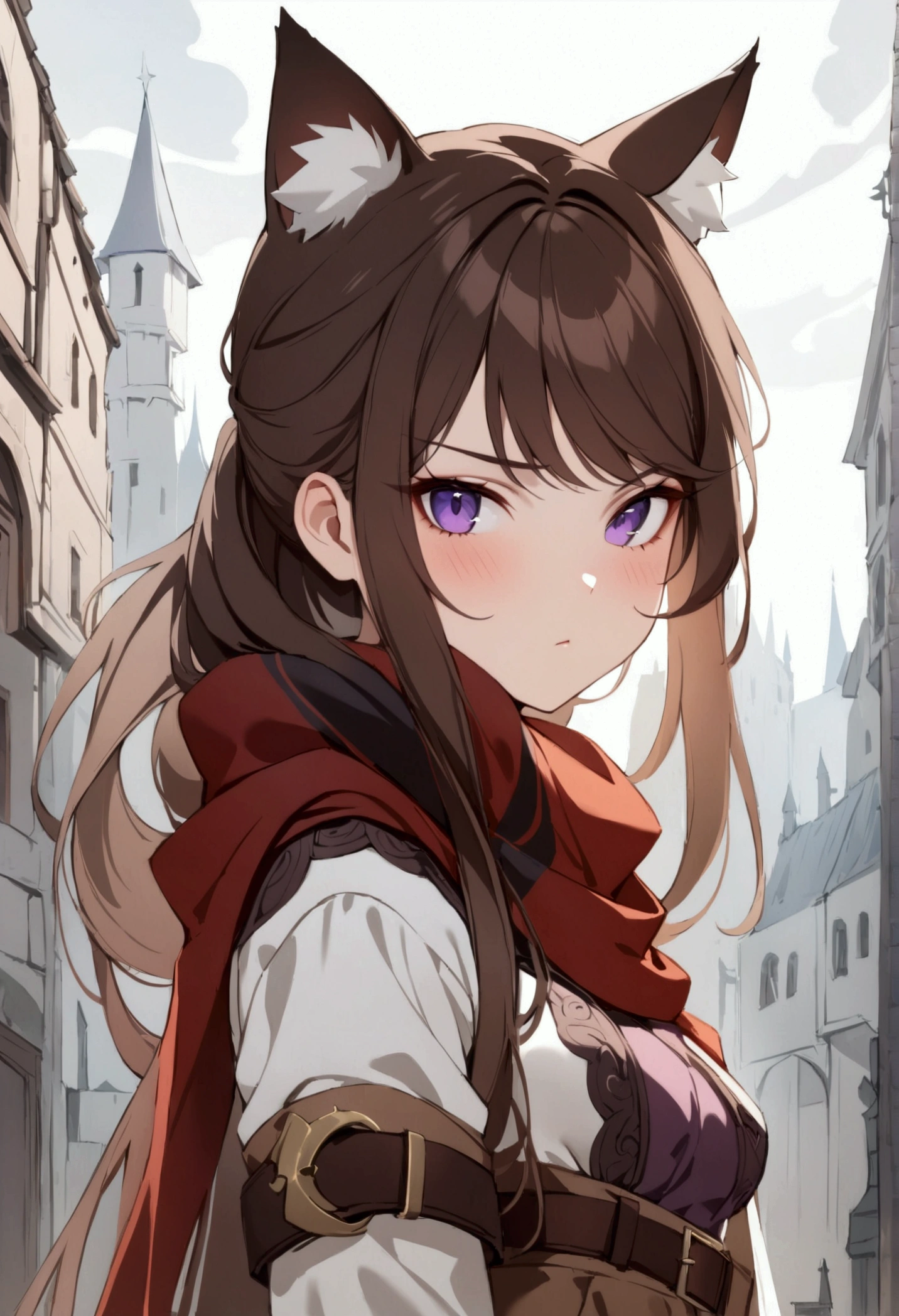 (1girl, Masterpiece, best quality) A young cat-woman female with (long length brown hair). brown cat ears with white fur. Neutral, sligthly serious expression. medieval-style dark brown, white and purple outfit. She has purple eyes. She has a brown belt cinched around her waist. She wears brown pants. She's wearing a scarf.
