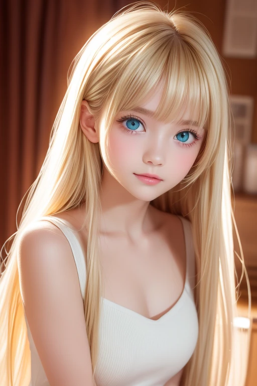 Very white ultimate beautiful girl、Innocent first々Beautiful appearance、Beautiful super long straight silky hair with a dazzling golden shine、Bright expression、Blonde girl posing in a white top、long golden bangs between the eyes of the eyes,,,、Glossy fair skin、Glowing Cheeks、Reality Girls、 **-****-*** girl 、Beautiful girl with shining golden platinum blonde、beautiful big ridiculously bright mint green eyes