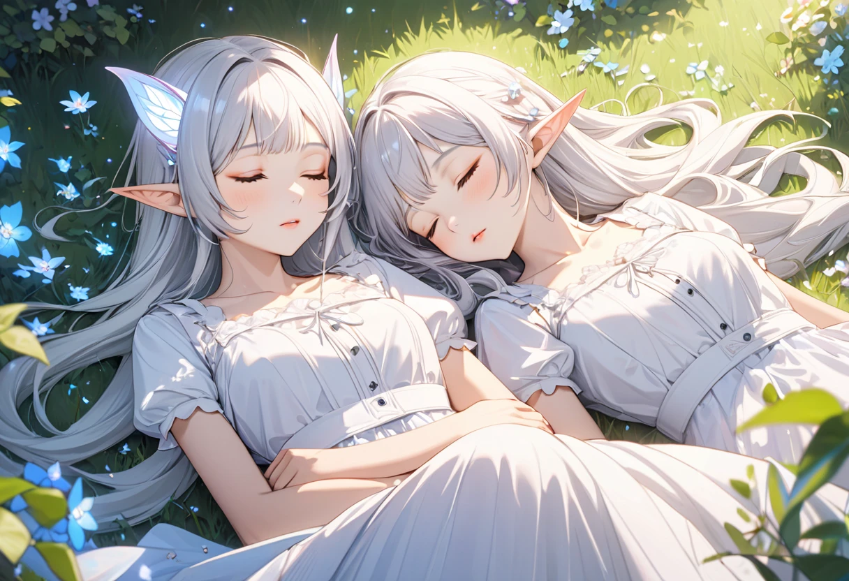 Showing the whole body, cute, baby face, big breasts, sleeping, in the forest, white dress, long hair, sleeping, alone, small, fairy wings, honey-colored hair