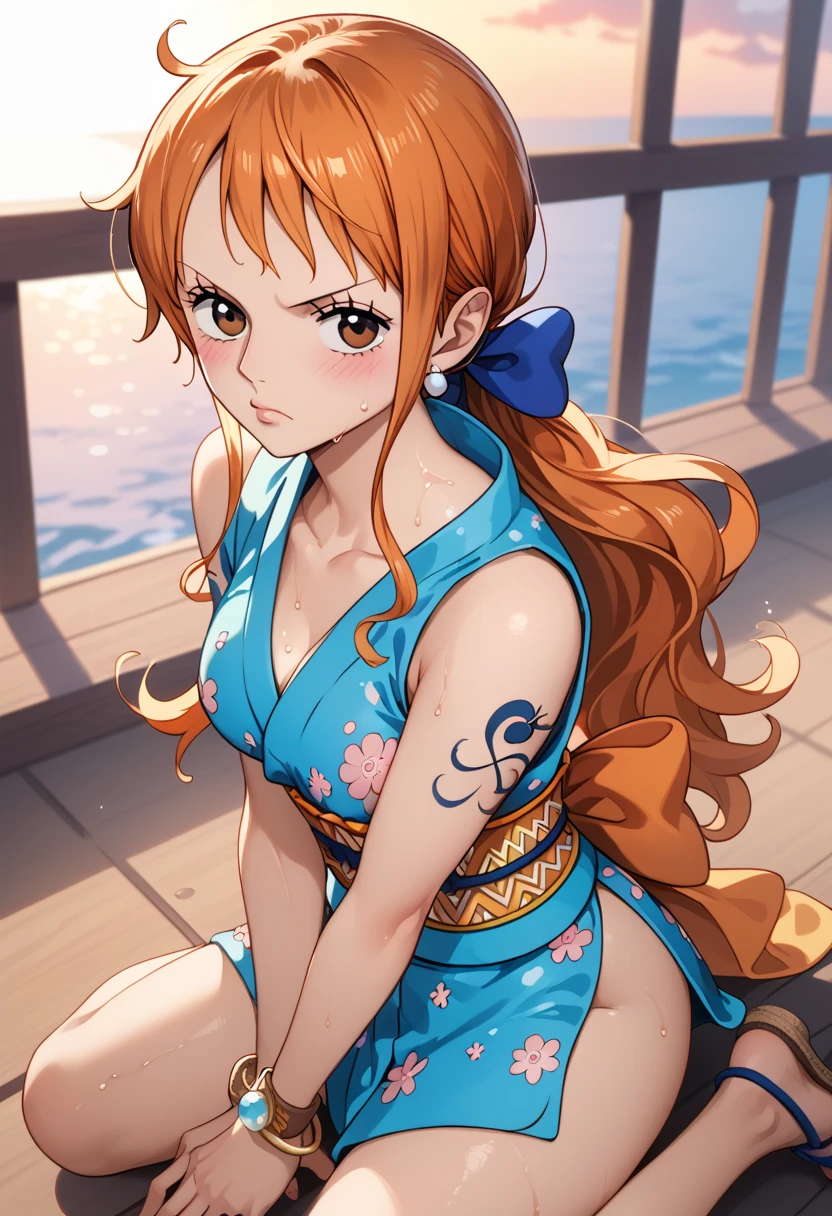 aanami, long hair, orange hair, low ponytail, hair bow, earrings, brown eyes, shoulder tattoo, breasts, collarbone, bare shoulders, japanese clothes, short kimono, blue kimono, floral print, sleeveless, bracelet, sash, obi, blushing, tsundere, seductive pose wet with sweat, full body, Direct view, looking at viewer, ship deck, sunset, giving luffy a sloppy blowjob