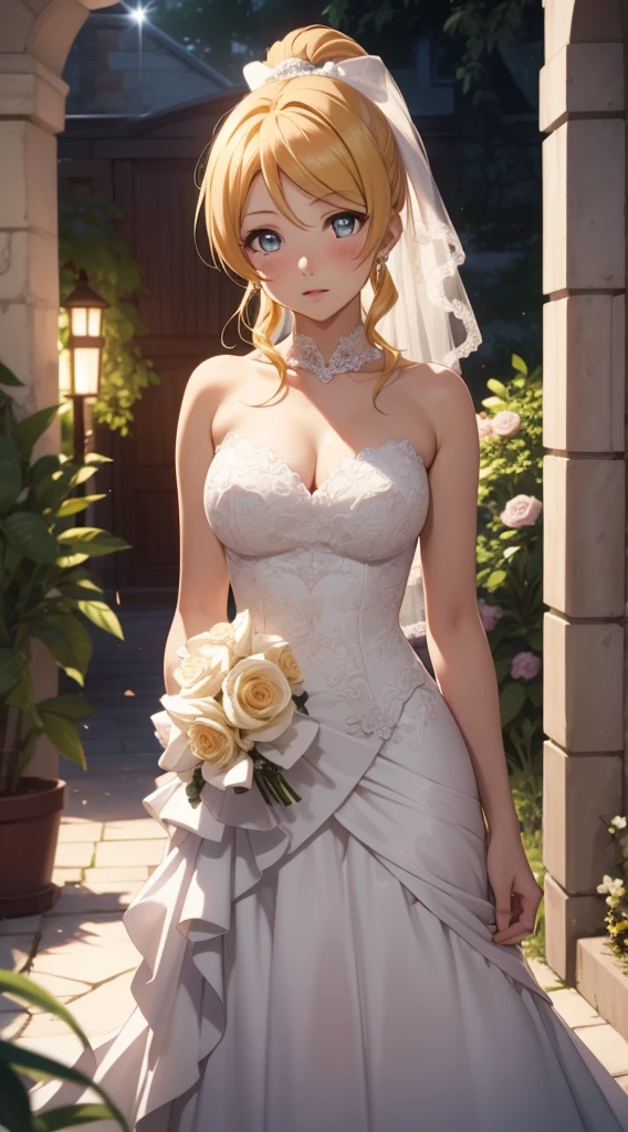 ((best quality)), ((masterpiece)), (detailed), perfect face, (best quality), (detailed skin:1.3), (intricate details), short hair, Wedding, wedding dress, expression of joy, holding a bouquet in both hands, pure white dress, blonde hair, earrings, engagement ring, church