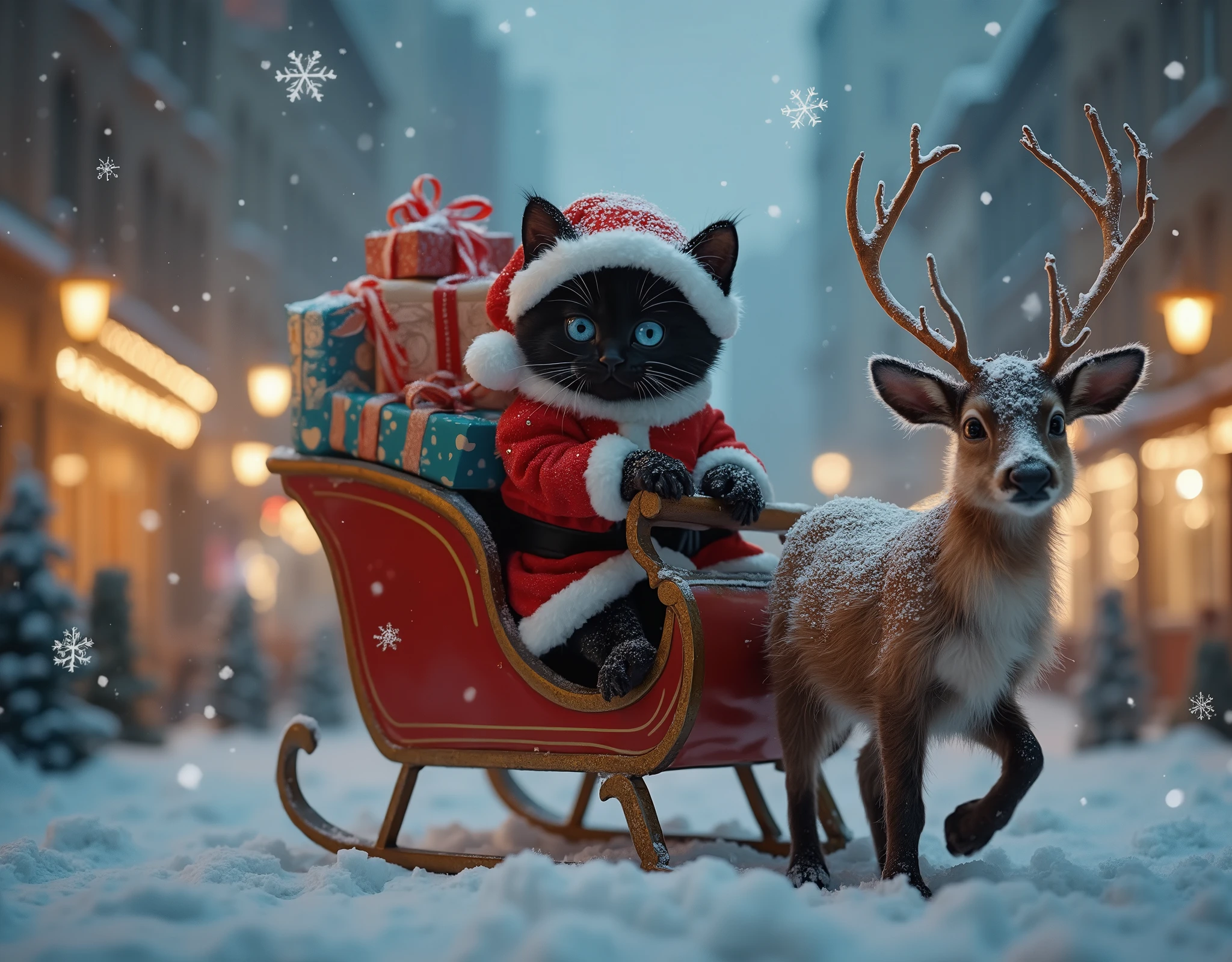 Very cute black kitten Father Christmas carrying presents on a reindeer sleigh, the back of the sleigh is loaded with beautifully wrapped presents, city at night with snowflake pictograms falling, hope, anticipation, joy, Christmas night, cinematic lighting, fantasy.