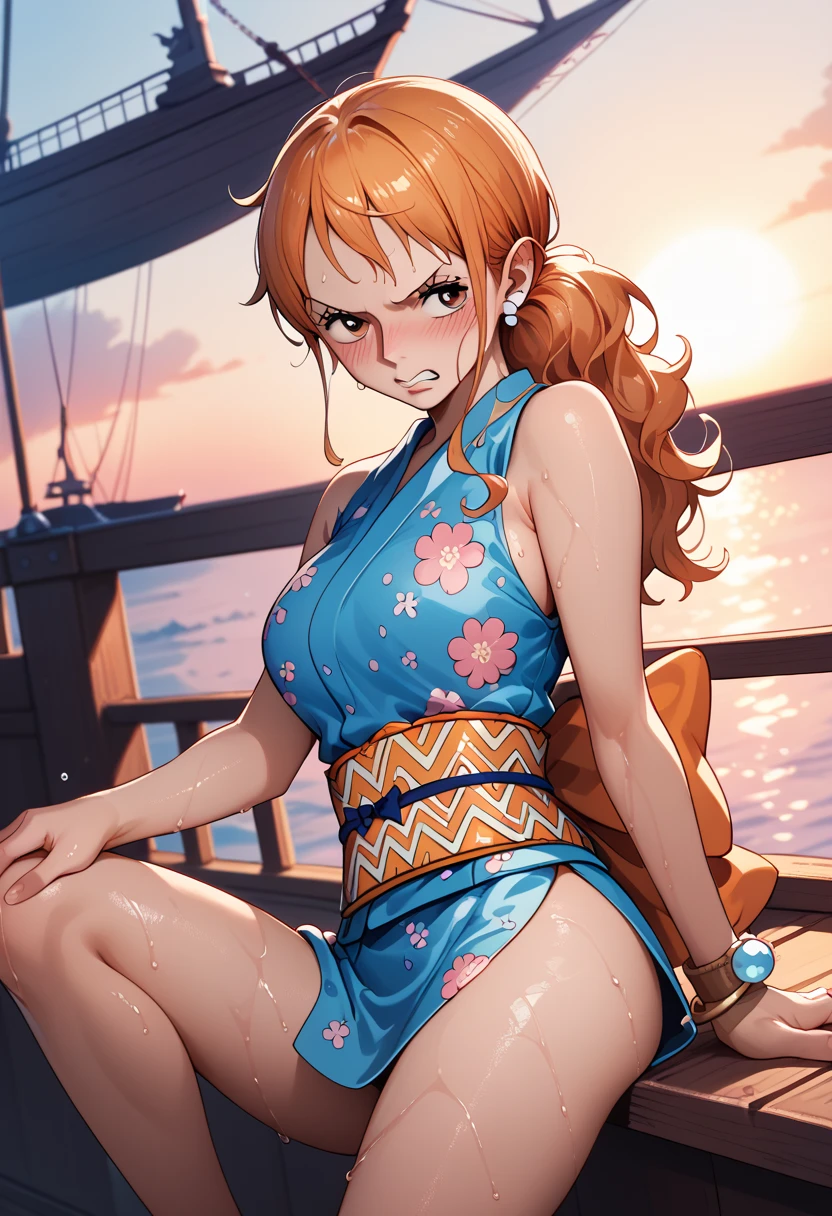 aanami, short kimono, blue kimono, floral print, sleeveless, bracelet, sash, obi, blushing, tsundere, wet with sweat, ship deck, sunset, with one leg up on luffy's shoulder taking his penis inside of her