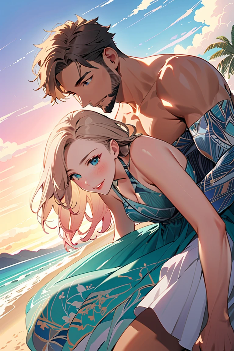 On a sandy tropical beach, a tall, handsome, statuesque, courageous young man-platinum blonde, with blue eyes, long straight white hair, tanned skin, he is wearing white beach shorts and an unbuttoned white shirt lies on his back, an incredibly beautiful delicate fragile young femme fatale-golden-haired blonde with blue eyes, long golden hair lies on his chest,. she's wearing a yellow bikini. They are in love with each other, they look at each other.Masterpiece, perfect image, realistic pictures, detailed face study, full-length image, 8k, detailed image. extremely detailed illustration, a real masterpiece of the highest quality, with careful drawing.