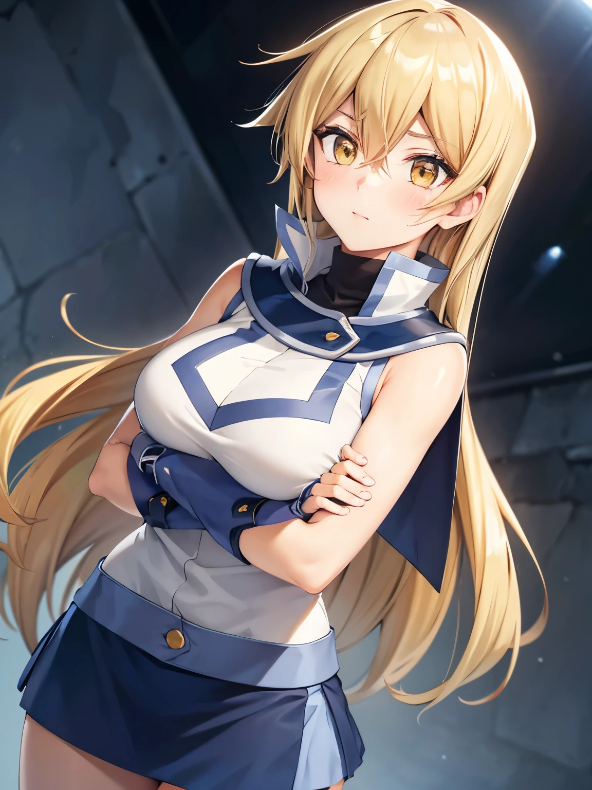 1 Female,High definition,high resolution,Ultra-realistic,8K, ta1, blonde hair, long hair, yellow eyes,white jacket, sleeveless, blue skirt, tight skirt, miniskirt,fingerless gloves, large breasts,European,sexy,Upper body close-up,Photographed from the front,Dynamic Angles,blush, (medium tits ),(nipples)