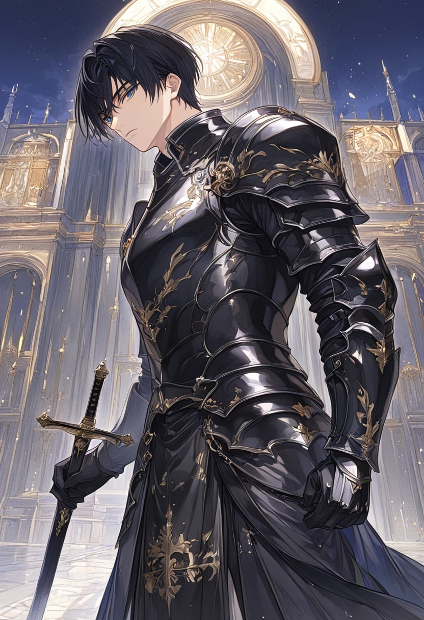 masterpiece、 top quality、 very detailed、male、（ detailed facial depiction :1.3）、 masculine look、square face、 No Emotion、 black hair、Short Hair、Shiny Hair、knight、 fantasy standing in a church、 black armor、 with a sword、 Looking Back、（ see here:1.3）、city、Night Sky