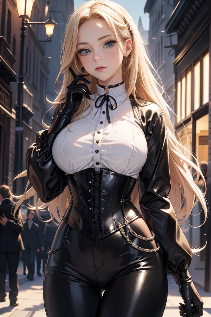 Masterpiece, Superior image quality, high resolution, 4k image,photo and gross, photorealistic, whole body, ung blonde of 15 years, standing, has his arms crossed, {{{vagina}}}, beautiful face, long blonde hair, Blue eyes, very detailed eyes, pink cheeks, happy expression, draw smile, choker:1.6, (white collar button down long sleeve shirt), black gloves, gloves that cover hands, (black leather corset), (shiny black leggings), Sensual Lips, show details in the eyes, View from the front, looking at the viewer, medieval village with villagers in the background, at daytime