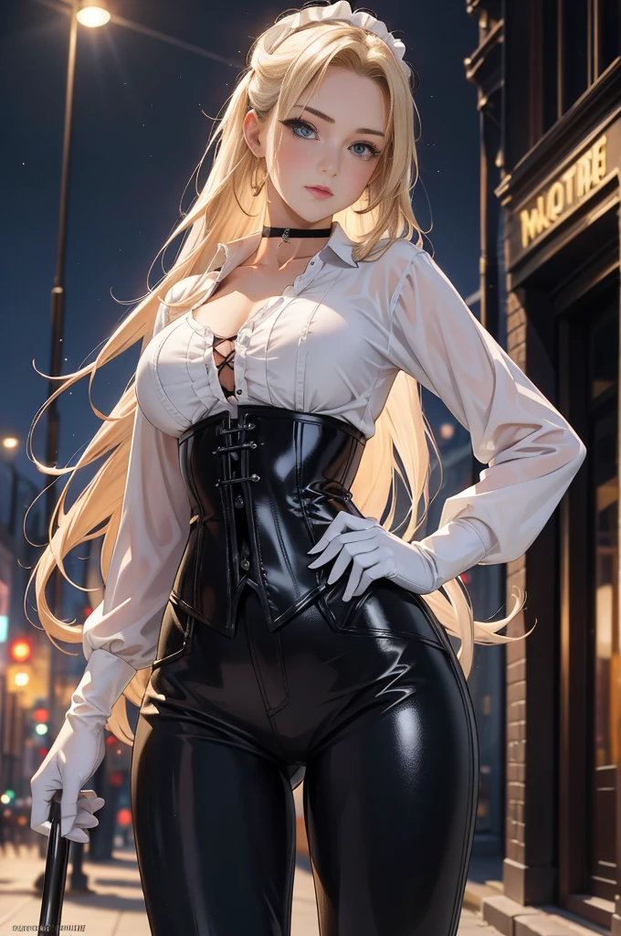 Masterpiece, Superior image quality, high resolution, 4k image,photo and gross, photorealistic, whole body, ung blonde of 15 years, standing, has his arms crossed, {{{vagina}}}, beautiful face, long blonde hair, Blue eyes, very detailed eyes, pink cheeks, happy expression, draw smile, choker:1.6, (white collar button down long sleeve shirt), black gloves, gloves that cover hands, (black leather corset), (shiny black leggings), Sensual Lips, show details in the eyes, View from the front, looking at the viewer, medieval village with villagers in the background, at night