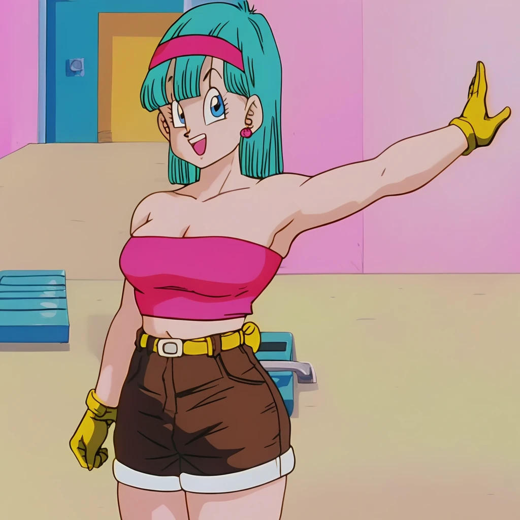 Bulma. Short haircut.    green eyes.  little,  .    huge hips. chubby.       big ass.    yellow gloves   .  swimsuit background. heels. playa. armpits, source_ entusiasmado,   score_9,   score_8_above,   score_7_above,  excited screencap, Bulma \( dragon ball\), long hair, one side above, outskirts_Cut, Aqua Hair, blue eyes wristwatch, Pink tube top, neckline,   bare shoulders  , strapless,   hair ties  , wristband,  brown shorts , clavicle,   inner room  ,  Curvy young woman ,  big breasts and big butt ,  poses with arms raised at her sides, making a fist ,  mostrando sus armpits.