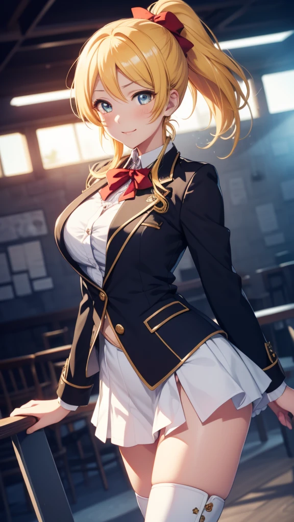 (((Stretch your legs and rotate your hips)))、((Shiny underwear)))、Uniform Blazer、Beautiful beauty、Long golden hair、((whole body))、(((Photo taken from below)))、school gate、Large Breastini skirt、Panties are blue lace、Japanese、expensive、Long limbs、Hairstyle Twin tails
