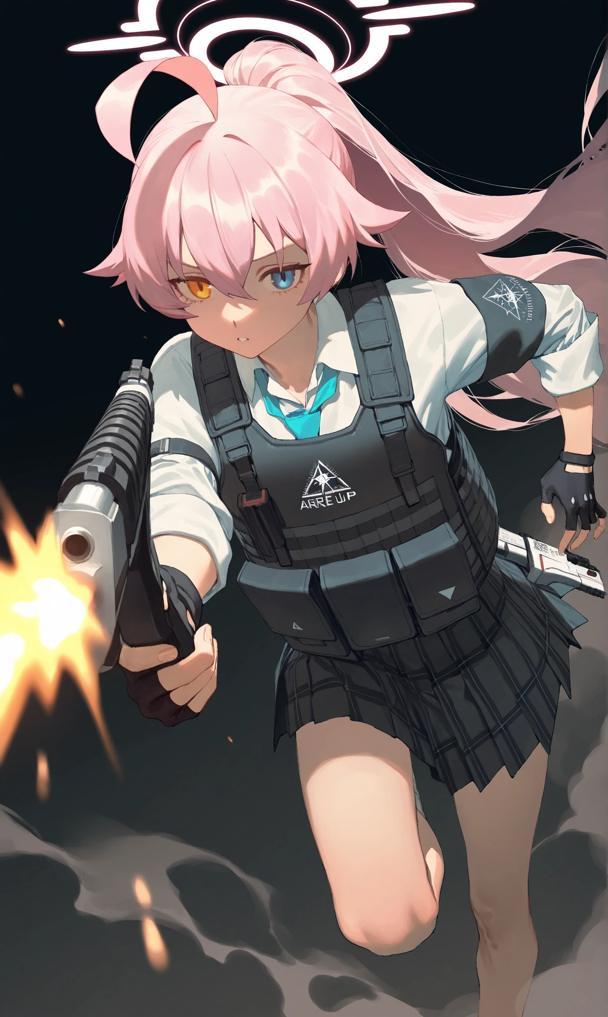 1girl, hoshino \(armed\) \(blue archive\), blue archive, lack, rei \(sanbonzakura\), airseal, (ciloranko:0.75), from above, dutch angle, feet out of frame, beretta 1301, shotgun, foreshortening, leaning forward, muzzle flash, floating hair, ahoge, steam, bulletproof vest, fingerless gloves, firing, hair between eyes, halo, holding gun, holding weapon, looking looking at viewer, parted lips, ponytail, froating, (shade:1.2), (orange theme:0.7), pleated skirt, standing on one leg, sidelocks, sleeves rolled up, solo, dust cloud, light particles, depth of field, black background, (leviathan \(hikinito0902\), modare:0.75), masterpiece, best quality, good quality, newest, year 2024, year 2023