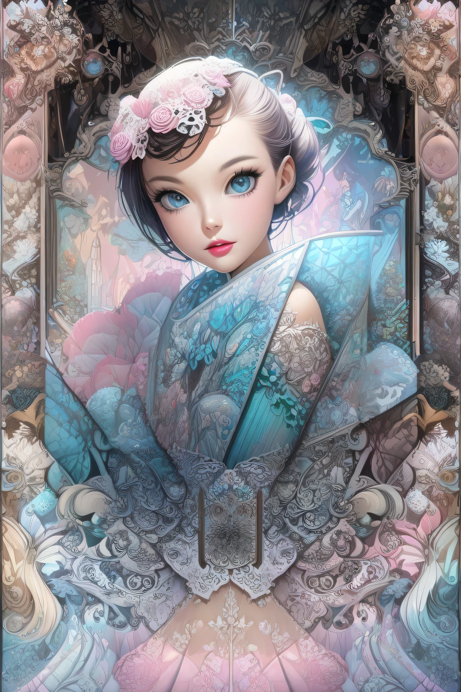 model shoot style, Audrey Hepburn, ( Extremely Fine 8k Wallpaper ), 《Fools》The insertion, Tim Okamura、 Marco Mazzoni and Joan Rossell, Fashionab, digitial painting,   Photorealism  , Evocative,  Fairy Tale Lights , Pastel palette, complexdetails, number art, CG Society , Masterpiece  , diversity, ((Perfect face))  