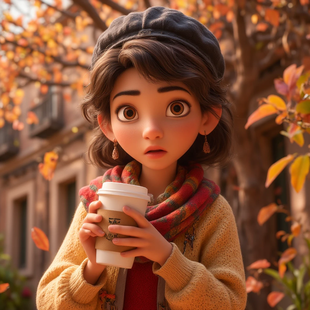 1girl, autumn leaves, bangs, black headwear, blurry background, blush, brown eyes, brown hair, brown scarf, brown skirt, cardigan, coffee, cowboy shot, cup, disposable cup, drink, falling leaves, beanie, holding, holding drink, leaf, long hair, long sleeves, looking at viewer, open cardigan, open mouth, plaid, plaid skirt, puffy long sleeves, red sweater, scarf, shirt, shirt tucked in, sidelocks, skirt, ile, solo, sweater, white shirt, extremely detailed, intricate, masterpiece, absurdres