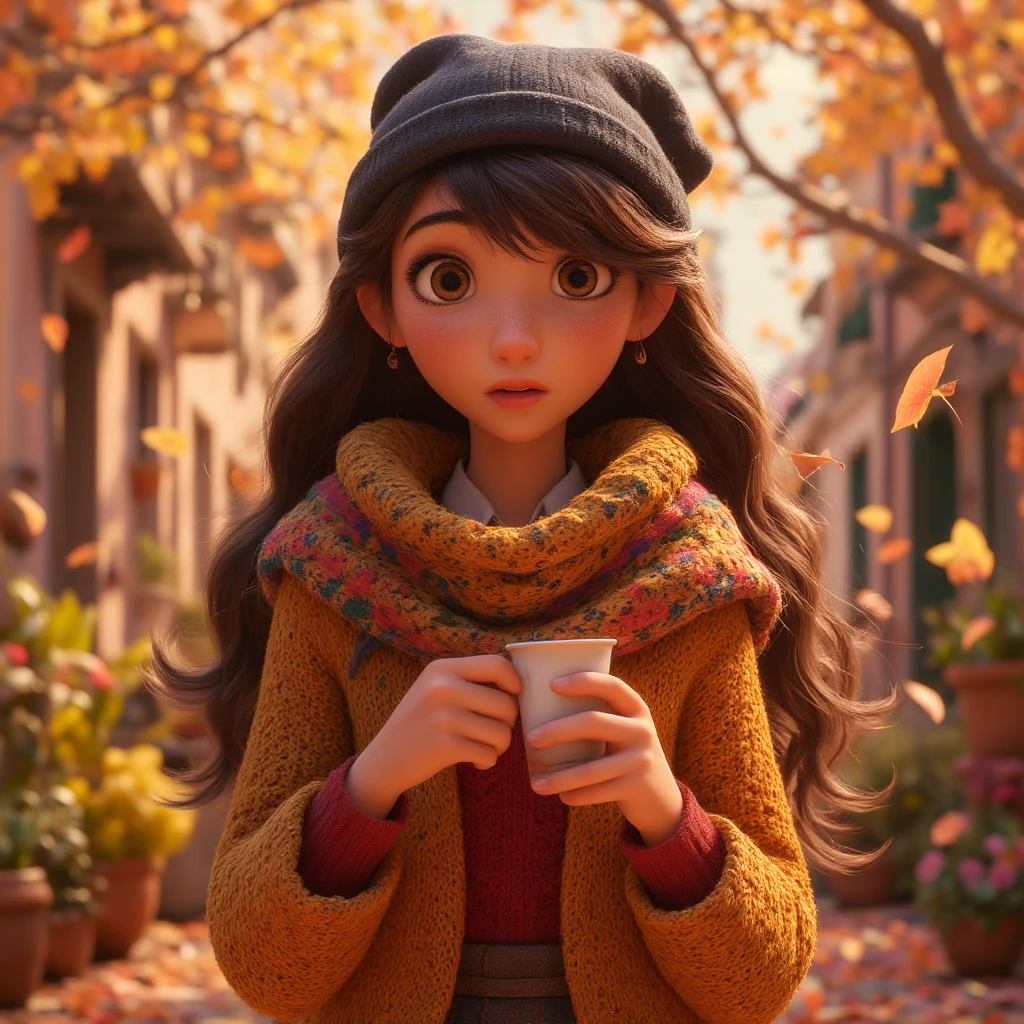 1girl, autumn leaves, bangs, black headwear, blurry background, blush, brown eyes, brown hair, brown scarf, brown skirt, cardigan, coffee, cowboy shot, cup, disposable cup, drink, falling leaves, beanie, holding, holding drink, leaf, long hair, long sleeves, looking at viewer, open cardigan, open mouth, plaid, plaid skirt, puffy long sleeves, red sweater, scarf, shirt, shirt tucked in, sidelocks, skirt, ile, solo, sweater, white shirt, extremely detailed, intricate, masterpiece, absurdres