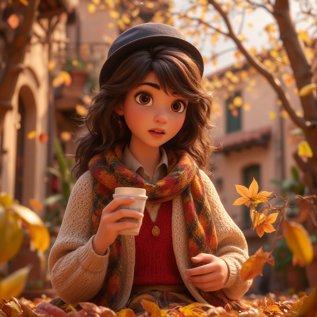 1girl, autumn leaves, bangs, black headwear, blurry background, blush, brown eyes, brown hair, brown scarf, brown skirt, cardigan, coffee, cowboy shot, cup, disposable cup, drink, falling leaves, beanie, holding, holding drink, leaf, long hair, long sleeves, looking at viewer, open cardigan, open mouth, plaid, plaid skirt, puffy long sleeves, red sweater, scarf, shirt, shirt tucked in, sidelocks, skirt, ile, solo, sweater, white shirt, extremely detailed, intricate, masterpiece, absurdres
