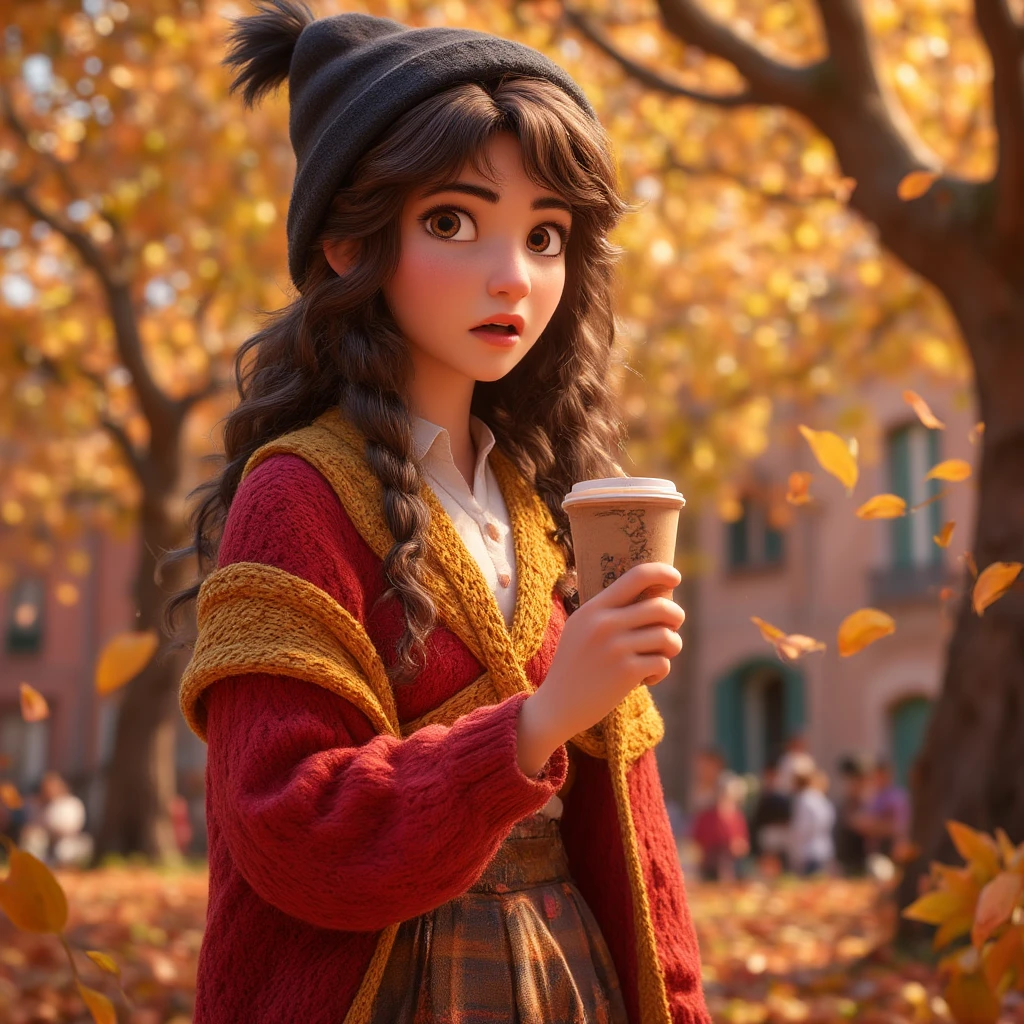 1girl, autumn leaves, bangs, black headwear, blurry background, blush, brown eyes, brown hair, brown scarf, brown skirt, cardigan, coffee, cowboy shot, cup, disposable cup, drink, falling leaves, beanie, holding, holding drink, leaf, long hair, long sleeves, looking at viewer, open cardigan, open mouth, plaid, plaid skirt, puffy long sleeves, red sweater, scarf, shirt, shirt tucked in, sidelocks, skirt, ile, solo, sweater, white shirt, extremely detailed, intricate, masterpiece, absurdres