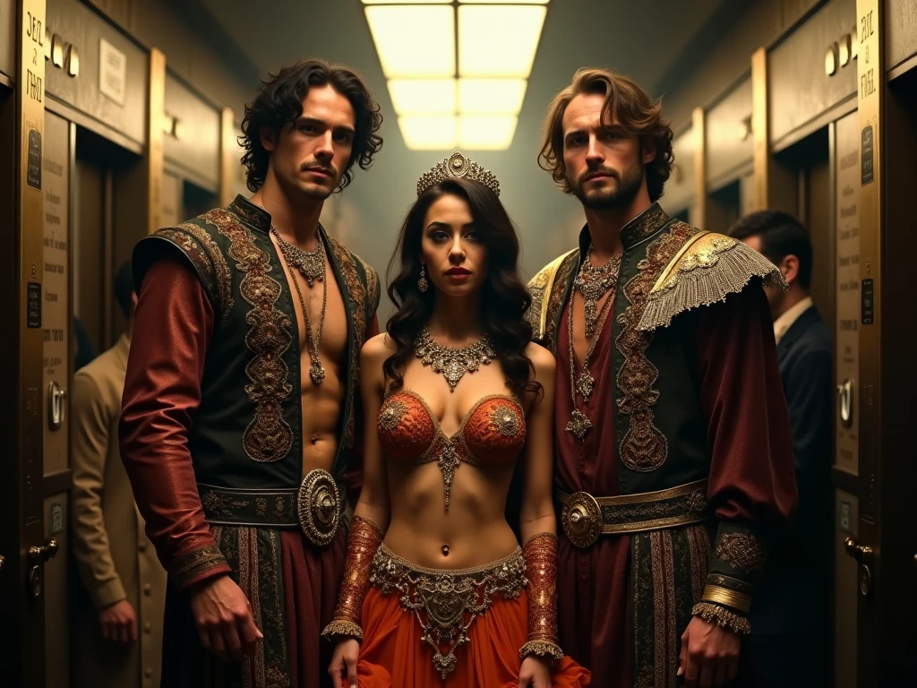 There were two men in costume standing together, Tom Bagshaw and Sabas Aptrus, still from a music video, She's dressed like a belly dancer, A group of people in the elevator, 70 visual effects , wonderful detail full face , static frames from the film, Medieval peasant, Fashion Week backstage, author:Andrei Kolkoutine , Bohemian, Pre-Raphaelite