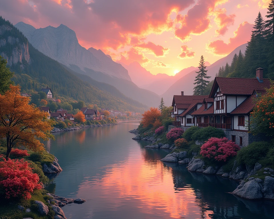 a all village by the river, mountains in the background, floral flowers colorful, detailed landscape, Beautiful natural landscapes, atmospheric lighting, scorching sunset, warm colours, practical, photopractical, Detailed Foliage, complex buildings, cobblestone street, Charming country house, swirly vibrant colors, lush vegetation, Still water reflections, Picturesque, idyllic, work of art, best qualityer, 8k, extremely detaild,anime styling