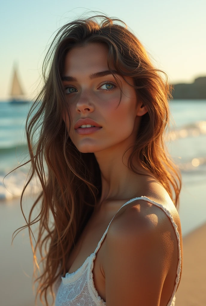 best quality, girl, hot girl, detailed face, beautiful detailed eyes, beautiful detailed lips, extremely detailed eyes and face, longeyelashes, beautiful woman, young woman, girl in bikini, beach, ocean, waves, sunset, golden hour, photorealistic, cinematic lighting, volumetric lighting, dramatic lighting, vibrant colors, warm color palette