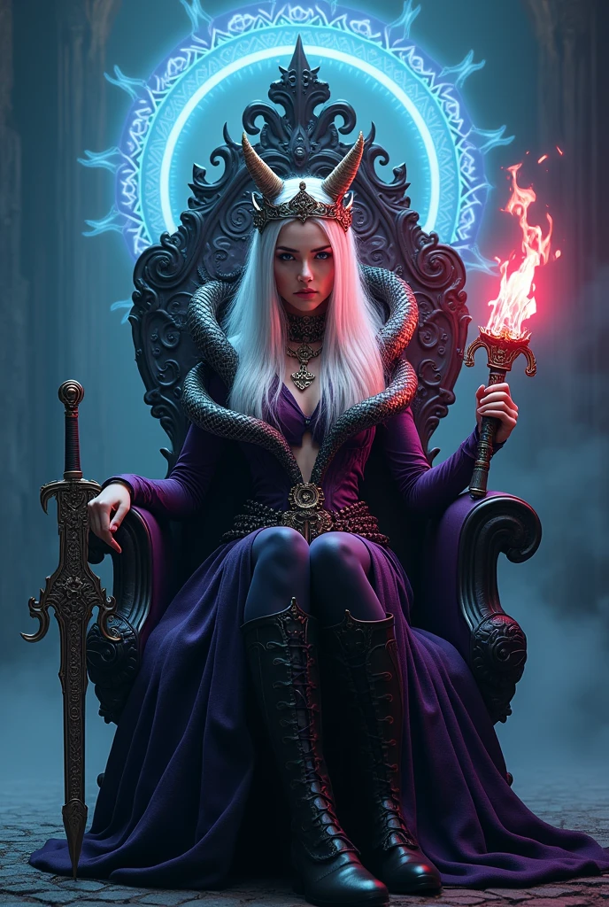 Surreal Very detailed Ultra Fantasy Ultimate Details Ultra-high resolution 8K 32k 3D clear, Beautiful Eyes Silver Hair Chairに座る assassin devil anacondas on both shoulders spitting flames mechanical engineering Mechanic Art . intricate and elaborate design, おmoney, money Silver Silver 紫 Black-purple Dynamic pose Cinema Lighting Magic spell aura Chairに座る Blue magic circle design big, luxurious amulet made of money Bright colors girl 美しく神秘的なdevilの魔術師 Nice, Mysterious and cool tiara The ultimate mysterious design devil'Rainbow armor 神秘的なdevil'Chair Armor with a luxurious texture girl Breaking the Magic Seal 足元には4本のエキゾチックなdevilのロウソク 右手にdevilのデザインの豪華なメタリックな剣を持っている In his left hand he holds a large, burning red torch Head Jewelry