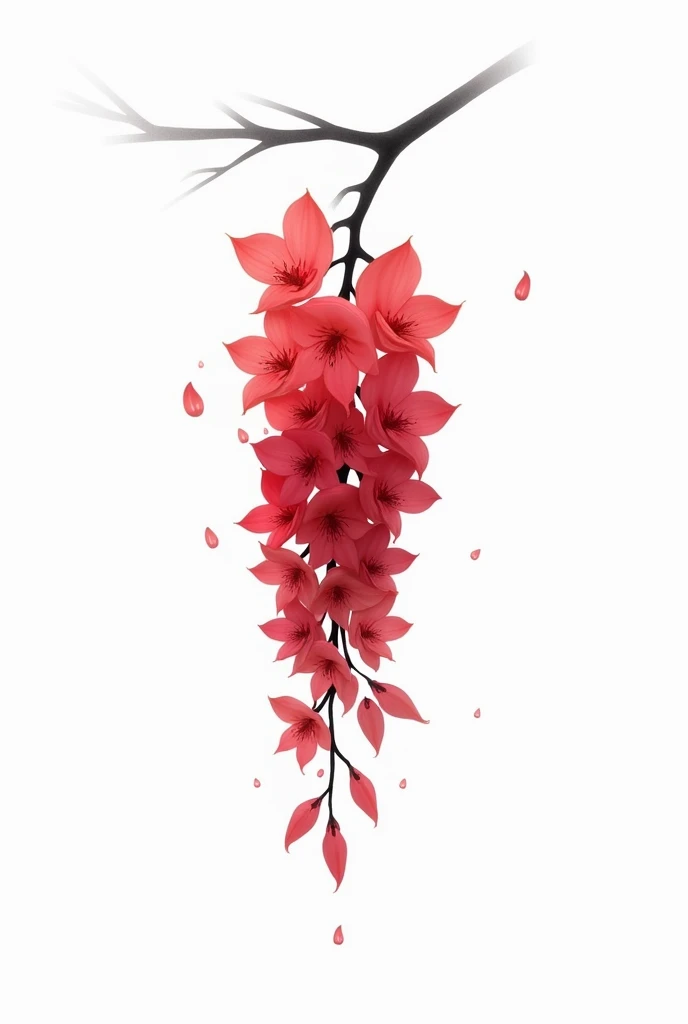 A highly artistic and stylized illustration of a single cluster of wisteria flowers, set against a pure white background. The wisteria flowers are a rich, intense red with subtle gradients, creating a sense of depth and vibrancy. The delicate black stem contrasts beautifully with the blossoms, enhancing the visual impact. A few of the flowers appear to be releasing small droplets of liquid in a contrasting color, adding an abstract and surreal touch to the artwork. The overall composition is minimalistic yet evocative, focusing on elegance, detail, and the interplay of colors, rendered in a refined and contemporary digital painting style.