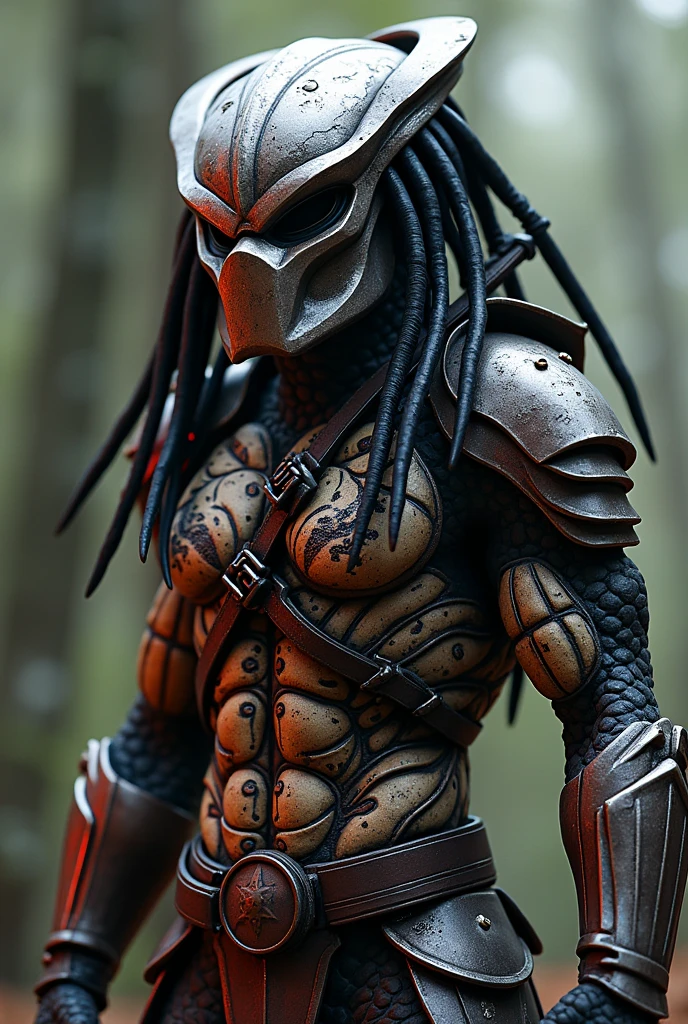 a photo of a Yautja predator with sharp teeth, perfect eyes, ((perfect detailed face:1.1)), (high detailed skin:1.1), smiling, perfect body, fighting pose, professional  Photography, dramatic  lighting, Photorealistic, detailed face, sunset, in a city dirty alleyway background, blurred background, volumetric fog, RAW, analog style, sharp focus, 8k, high res, DSLR, high quality, Fujifilm XT3, film grain, award winning, masterpiece, penis, balls,