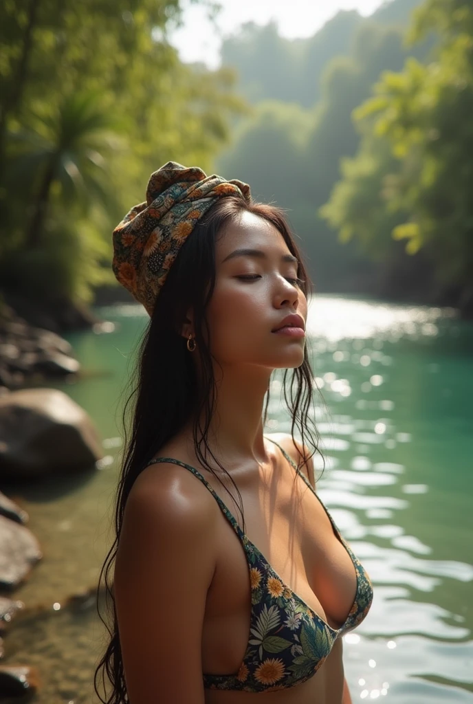 front shot of a beautiful mexican woman, full body shot, diving into a lake, tropical foliage, natural lighting, calm expression, inner peace, outer charm, detailed face, high quality, photorealistic, 8k, intricate details, warm color tones, diffused lighting, cinematic, portrait