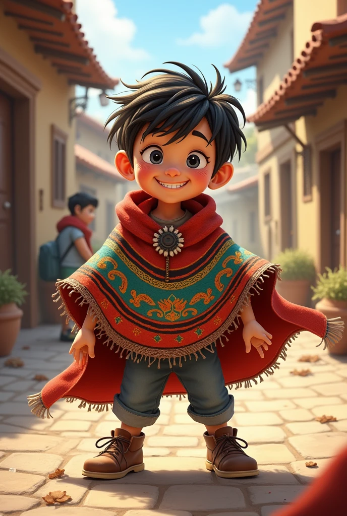 An image of a boy with black hair and light brown eyes in the center with a pose of dancing Arequipa folkloric dance and with an Arequipa landscape 