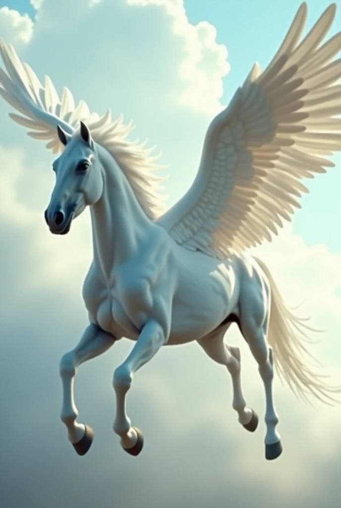 Create a white horse with white wings on Olympus in front of a crowd of people watching it 