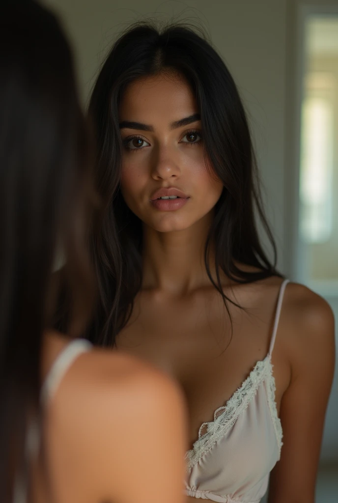 A 15 year old girl with dark brown hair and dark eyes, medium breasts ,Paraguayan with a Roman nose and small eyes .as real as possible Photo in the mirror 