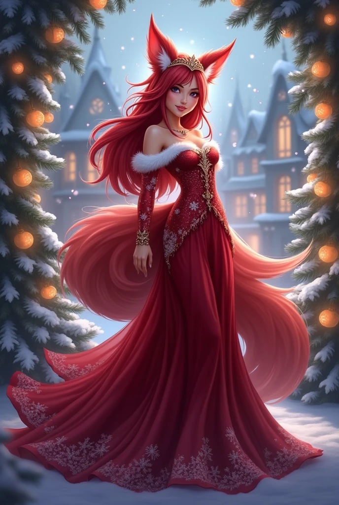 (Beautiful picture), (masterpiece), ((By merunyaa)), ((((Solo)))), beautiful demon girl, Meru the demon, (((wearing a Christmas themed dress)), (large breasts), ((sexually suggestive)), (smiling), (starry scenery), (red skin), cleavage, ((beautiful eyeacing viewer))