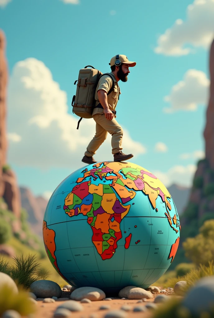  Picture a miniature globe along which a man with a backpack on his shoulders is walking, Lightweight camping uniform with a cap on his head and headphones , bright colors,  cartoon , Pixar style, masterpiece, 8 k,  complex textures ,  best quality,