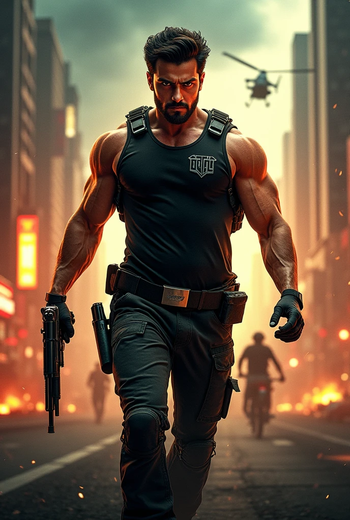 A man in dirty clothes walks forward with a gun in his hand. Pixel art in 100*100 dimensions.