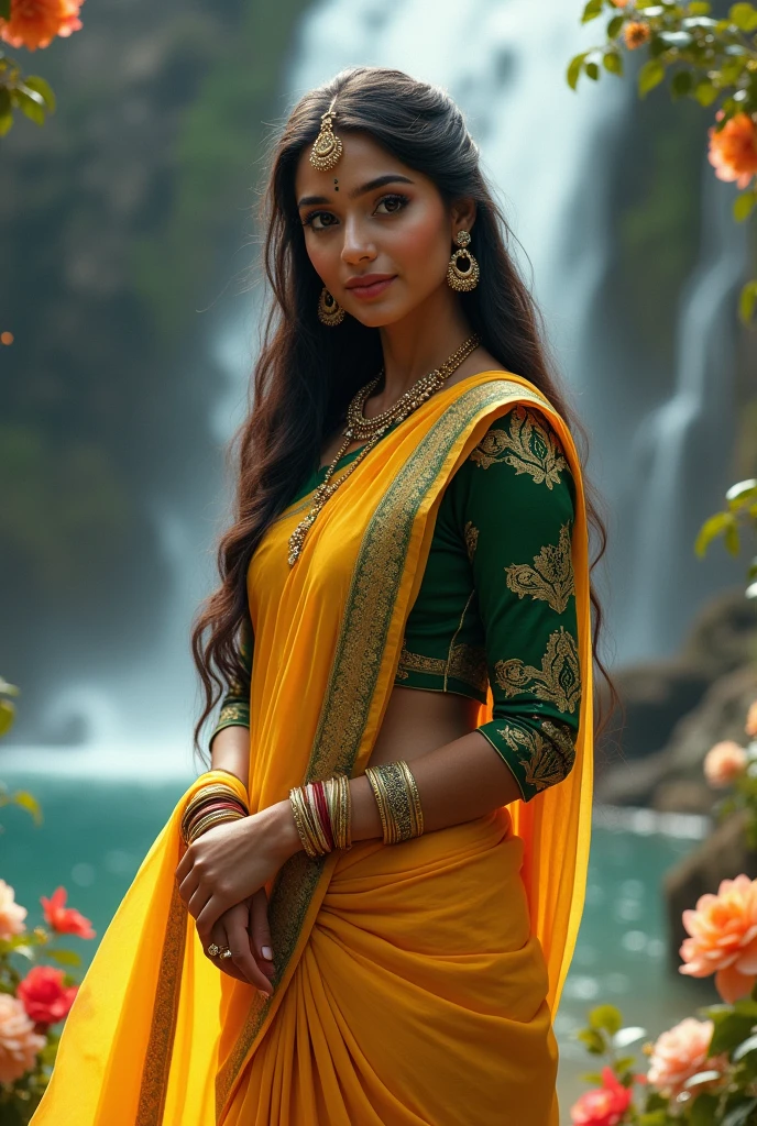 Can you show me a beautiful Indian girl with saree and blouse and the background of waterfall and make her boobs big