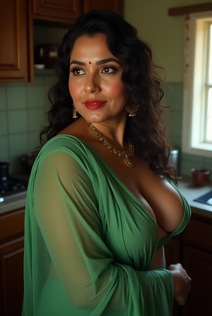 indian old aunty, very very very fat body, working in a village kitchen, wearing a sexy short saree, outdoor, posing a sexy photo while cooking, middle aged, beautiful face, very very big tits, looking very horny, outdoor village cooking