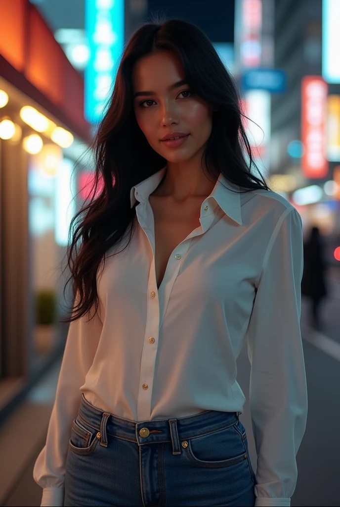 Beautiful woman from Hong Kong, long dark hair, business woman, open blouse no bra grey pencil skirt, black panties, black leggings, lipstick and eye shadow, dark long eyelashes, average height, graceful, powerful, realistic image, Hong Kong nightlife background, Hong Kong babe, hot babe