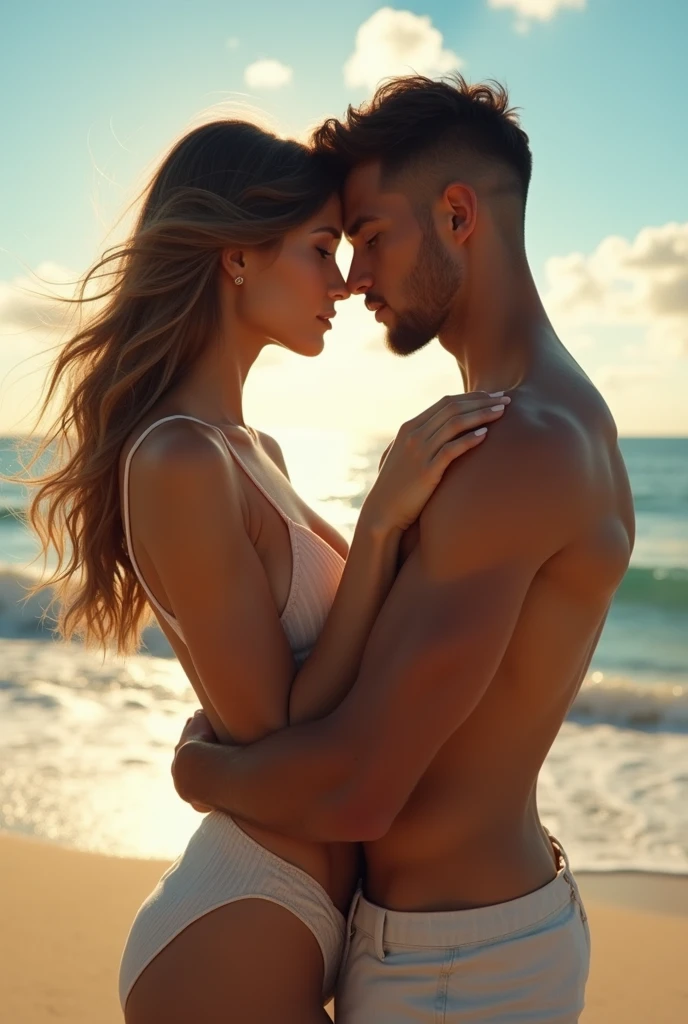(2people:1.5) in a couple, eve and adam, in naked body, close up, on the beach with sunset view, hugging each to another, front to back, eve is a beautiful girl, naked, slender body, sexy posture, clear and bright skin, brunette hair in ponytail, huge breast. Adam is a man with a bit muscular, naked, good hand, perfect hand, wearing nothing, hug eve's breast up, romantic ambient, photon mapping, intimate atmosphere, soft color