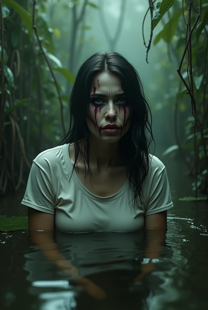Black Sky, Sinister Night, Woman wrestling medium Day Light, At the bottom of a deep pit, drowning in a swamp. (standingn). Danger. The surrounding rain forest is dense, Sinister and gloomy, Casting strange shadows on the ground. Impending Doom. luna, Hidden behind heavy black clouds,,,,,,,,,,, ( High Stage Lighting). The woman is emaciated, Her muscles cramped. her hair is messy, full body, fully and dirty, Stained with mud. She looks like a creature from a horror movie, She found herself trapped in a medium dark and hostile environment with no hope of escape, Loses control from ecsta