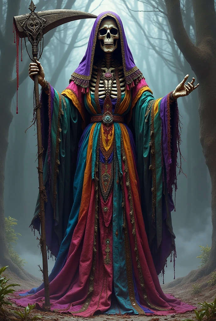 A detailed pencil sketch of Santa Muerte, the Mexican folk saint associated with death, portrayed in a powerful and imposing stance. She is draped in a flowing robe adorned with intricate patterns, reminiscent of traditional Mexican iconography but with modern, edgy elements reflecting narco culture. In her left hand, she holds a detailed, cracked globe, symbolizing her control over the world, and in her right hand, she grips a large, ornate scythe, its blade gleaming menacingly. The background hints at a desolate landscape with faint traces of urban decay. The sketch should emphasize the textures of her robe, the detail of the globe, and the sharpness of the scythe, creating a dark and commanding atmosphere., Surrealism, Conceptual art, modern, Hyperrealism, Pointillism, anime style, multiple monochrome, close-up, cowboy shot, dutch angle, UHD, retina, masterpiece, accurate, anatomically correct, textured skin, super detail, high details, high quality, award winning, best quality, highres, 1080P, HD, 4K, 8k, 16k