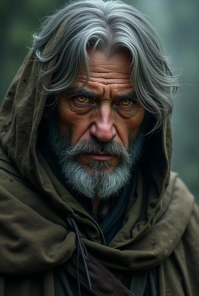 Create a man of average height, gray hair,vibrant yellow eyes With dirty, peeling clothes