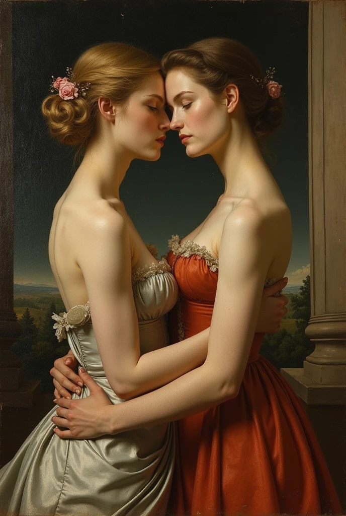 (masterpiece, best quality:1.5), oil painting by Leonardo da Vinci, perfect anatomy, two gorgeous and stunning pale-skinned young pregnant goddesses is deeply in love with each other, kiss, fantastic make-up, jewelry, flower, snow, magnificent panorama view