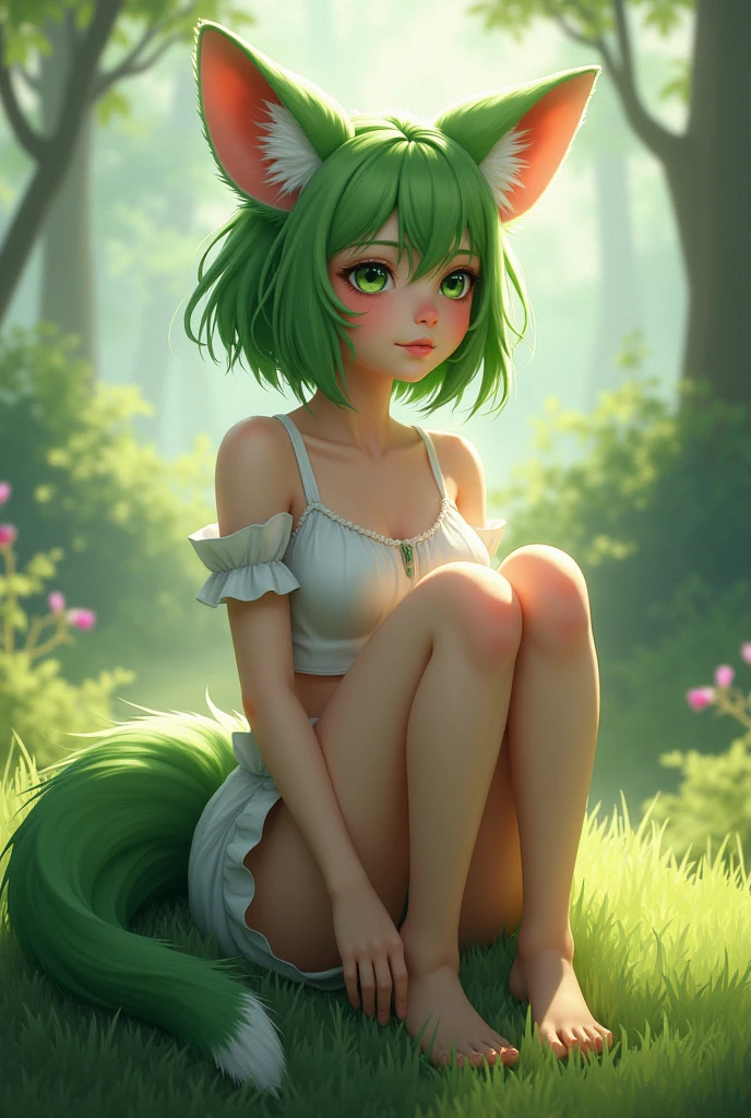 one  girl dressed as a fairy,((whit small breasts and vagina in sight )),best quality,masterpiece,red hair,green eyes,looking up,full body,hair strand fair skin,side braids ,close to a waterfall