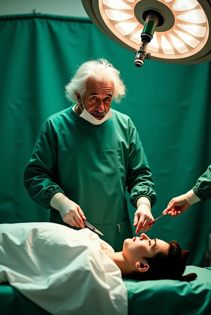 1950s hospital room, patologist Thomas Harvey holding a brain with gloved hands, focused expression, 1950s medical attire, dim overhead light casting shadows, Albert Einstein's body covered in a sheet, historical setting, cinematic, ultrarealistic.