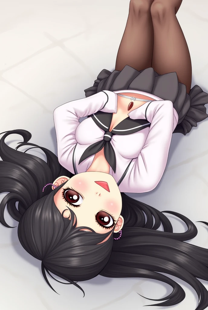 Beautiful woman in school uniform in bedroom barefoot with the soles of her feet facing me looking at me with disgust in her eyes with a banana between her feet Black hair, curly hair, white skin