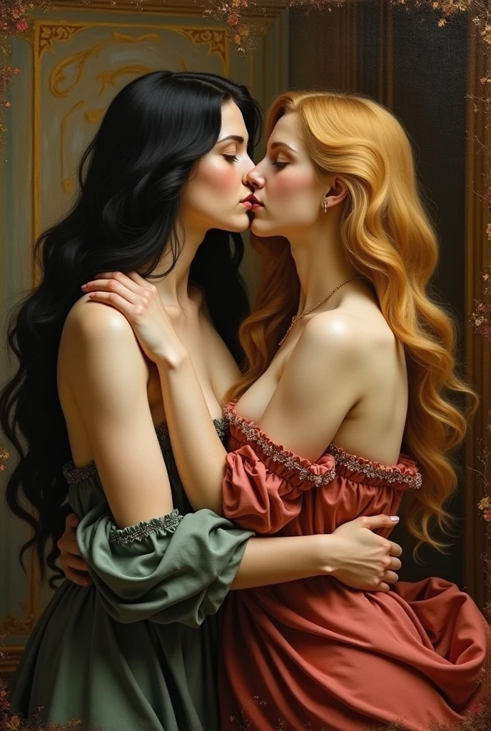 (masterpiece, best quality:1.5), oil painting by Leonardo da Vinci, perfect anatomy, two gorgeous and stunning pale-skinned young pregnant goddesses is deeply in love with each other, kiss, fantastic make-up, jewelry, flower, snow, magnificent panorama view