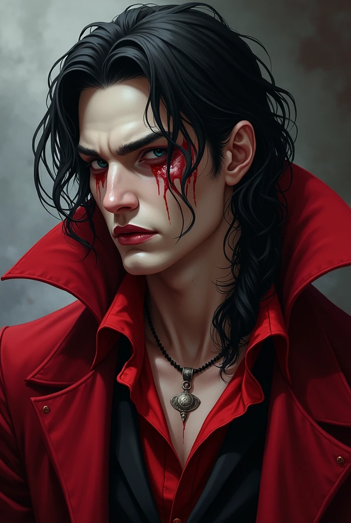 (realist) Attractive man between 28 and 3, Tez blanca, scars on the body, shoulder length black hair, gathered in a half ponytail, covered only with a red cloth, naked torso, MUSCLE AND TALL (210 cm approximately) marked features, leader of a secret organization, Middle Ages, black eyes, without facial veil