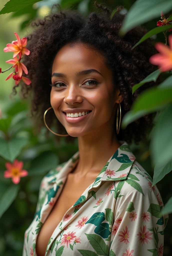 A Brazilian woman in a lush tropical garden, wearing an open shirt with a floral print, with a close-up capturing the harmonious beauty between her breasts and the natural flowers, showing off your natural charm and outgoing personality.