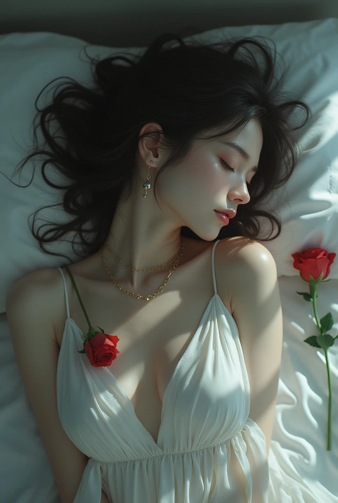 sleeping dead girl,wedding dress,armpit,pale skin,hands behind head,zombie