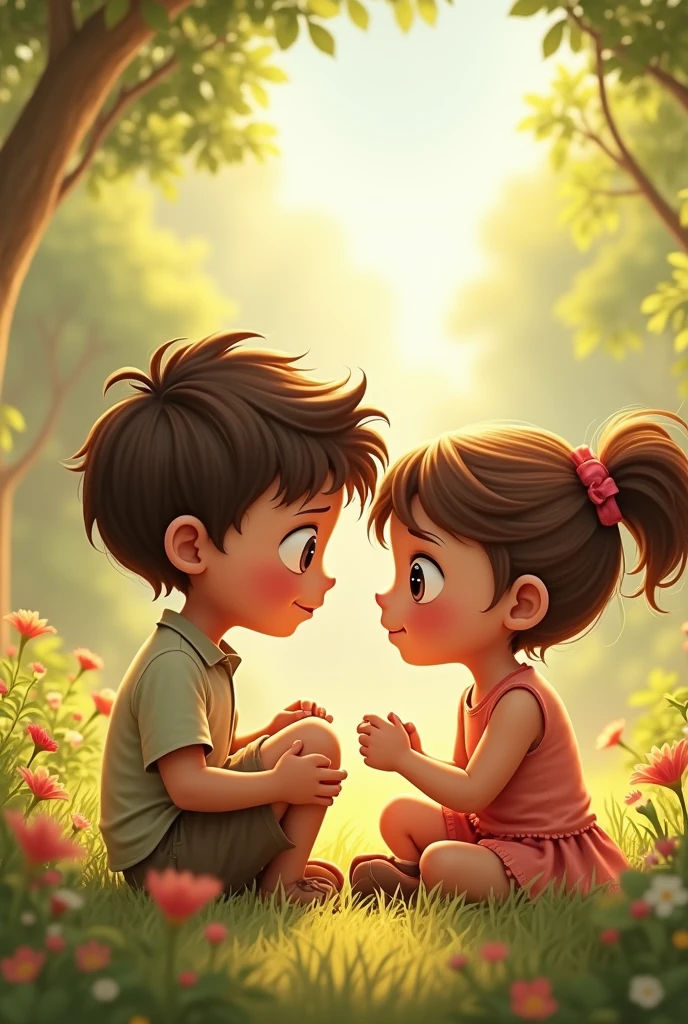 Create an image showing two children in a comforting scene. One child is sitting on a bench looking sad and down, while the other child is standing beside them with a reassuring hand on their shoulder, offering a comforting smile. The background should be a peaceful park or playground with soft, warm colors to convey a sense of support and friendship. Include subtle elements like a gentle sunbeam or a few heart-shaped details to emphasize the theme of kindness and support. The overall mood should be gentle and uplifting.